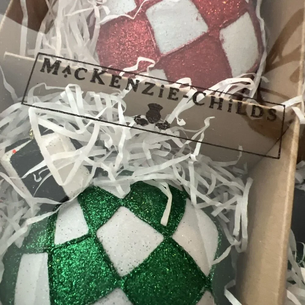 Mackenzie-Childs Red & Green Check It Out Large Glass Glitter Ornament Set 6 NEW